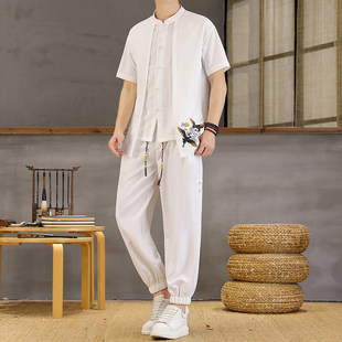New Embroidered Han Dynasty Suit Men's Summer Tang Suit Ethnic Style Short-Sleeved Chinese Retro Button Cardigan Two-Piece Set