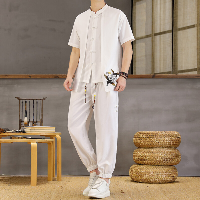 新款绣花汉服套装男士夏季唐装民族风短袖中式复古盘扣开衫两件套
