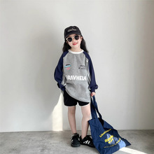 韩国童装女童卫衣2025春季新款宽松时髦撞色印花中长款插肩袖上衣