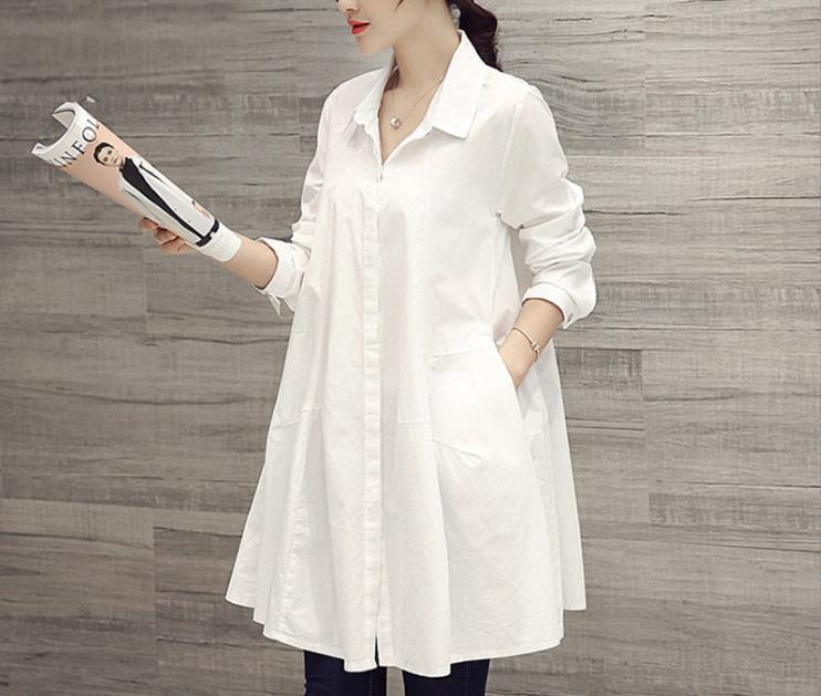 Solid Color Mid-Length Shirt Spring and Autumn New Commuter Korean Style Large Size Loose Long-Sleeved Bottoming Shirt