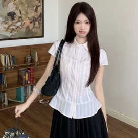 学院风polo领条纹短袖衬衫女夏季收腰显瘦洋气减龄设计感上衣批发