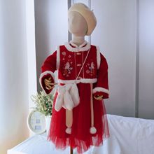 女童冬季漢服秋冬新款小女孩加絨兩件套馬甲裙紅色兒童拜年連衣裙