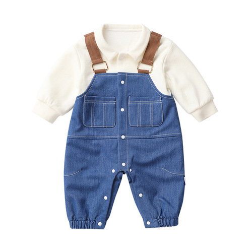 Ins-style faux two-piece cardigan children's clothing for babies, outdoor clothes, packable long-sleeved crawling suit, infant onesie, Category A, spring and autumn