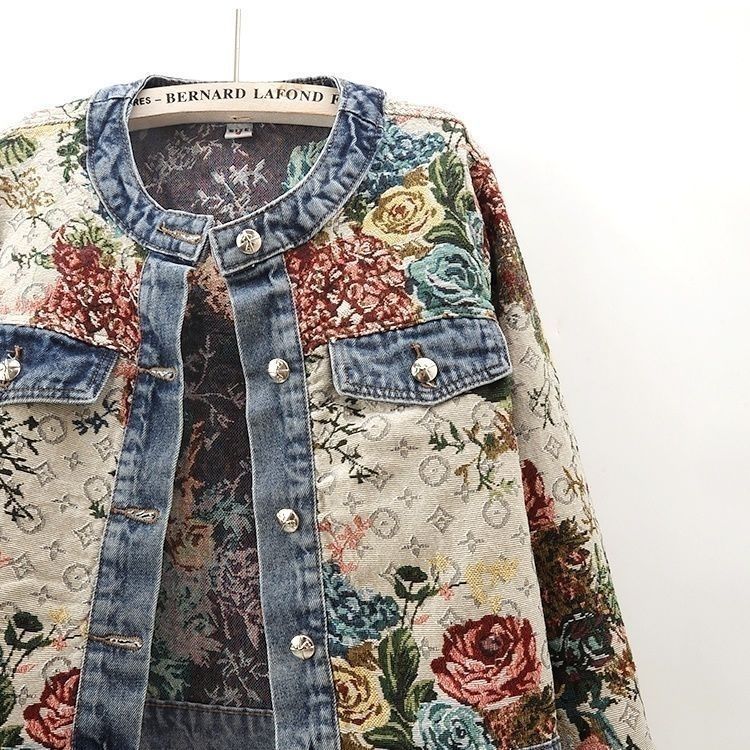 2025 Spring New Vintage Jacquard Long Sleeve Round Neck Denim Women's Short Versatile Petite Jacket