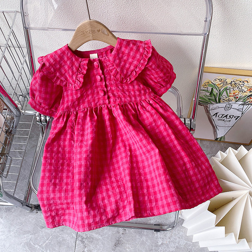 Dress with Peter Pan collar, grid bag button princess dress, 24 summer new model foreign trade children's clothing distribution