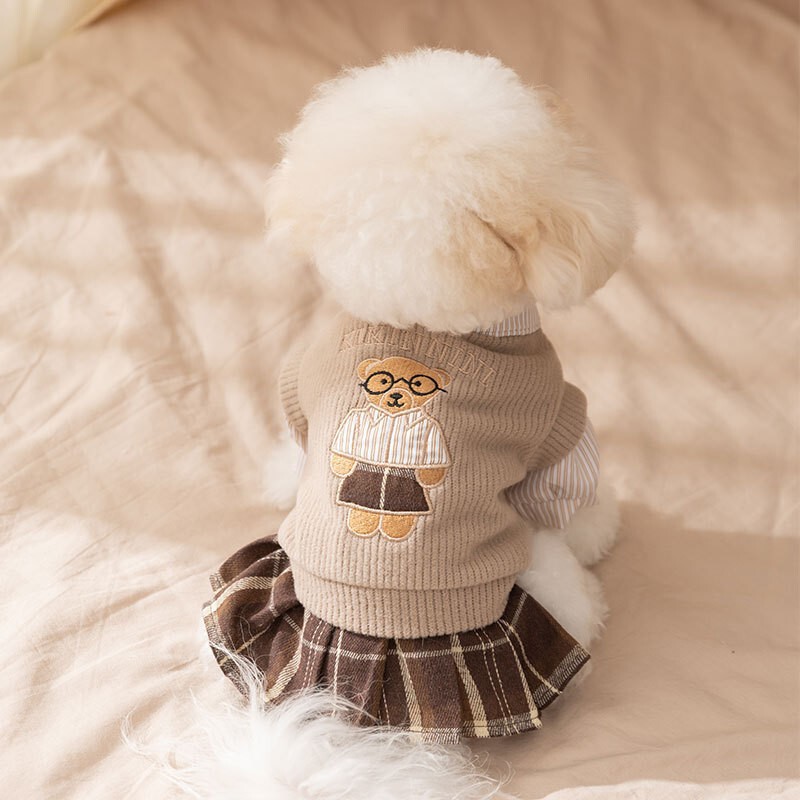 New Preppy Style Bear Embroidered Warm Couple Shirt Two-Piece Set for Small and Medium-Sized Dogs and Cats Dog Clothes Autumn