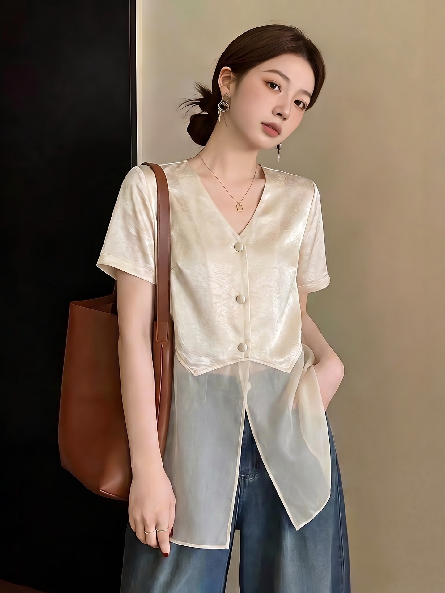 Áo sơ mi nữ cổ V tay ngắn chất liệu satin acetate phối lưới viền gấu — màu đen