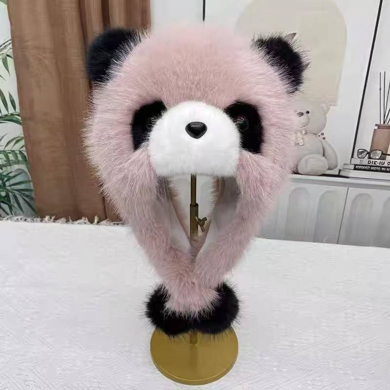 网红新款熊猫帽子时尚仿狐狸毛护耳帽成人冬季亲子帽子批发潮流|undefined