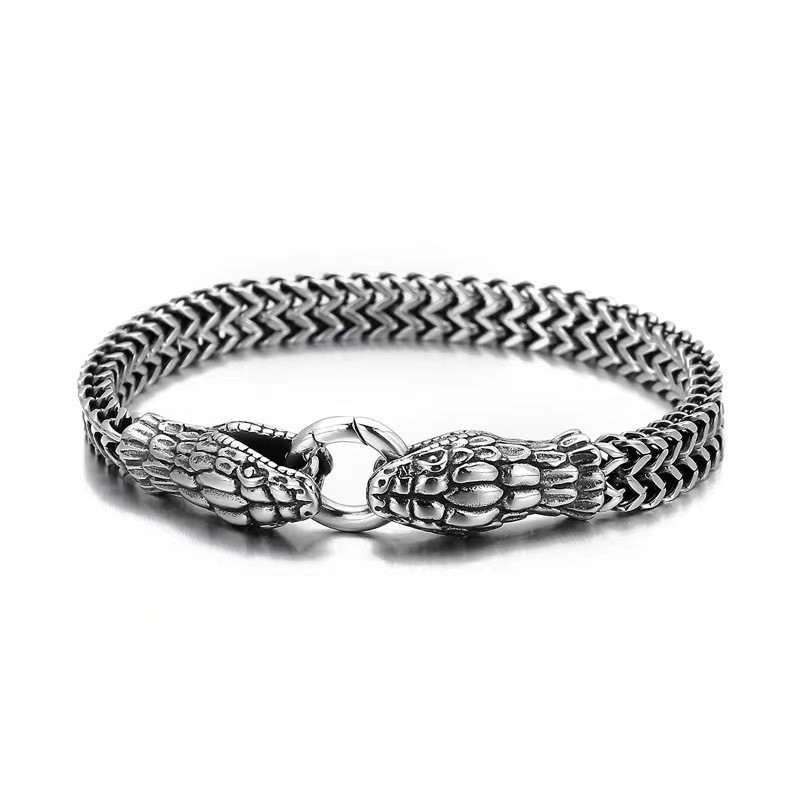 Cross-Border Titanium Steel Old Snake Twelve Zodiac Snake Bracelet Stainless Steel Hip-Hop Double Snake Head Men's Bracelet Retro Style