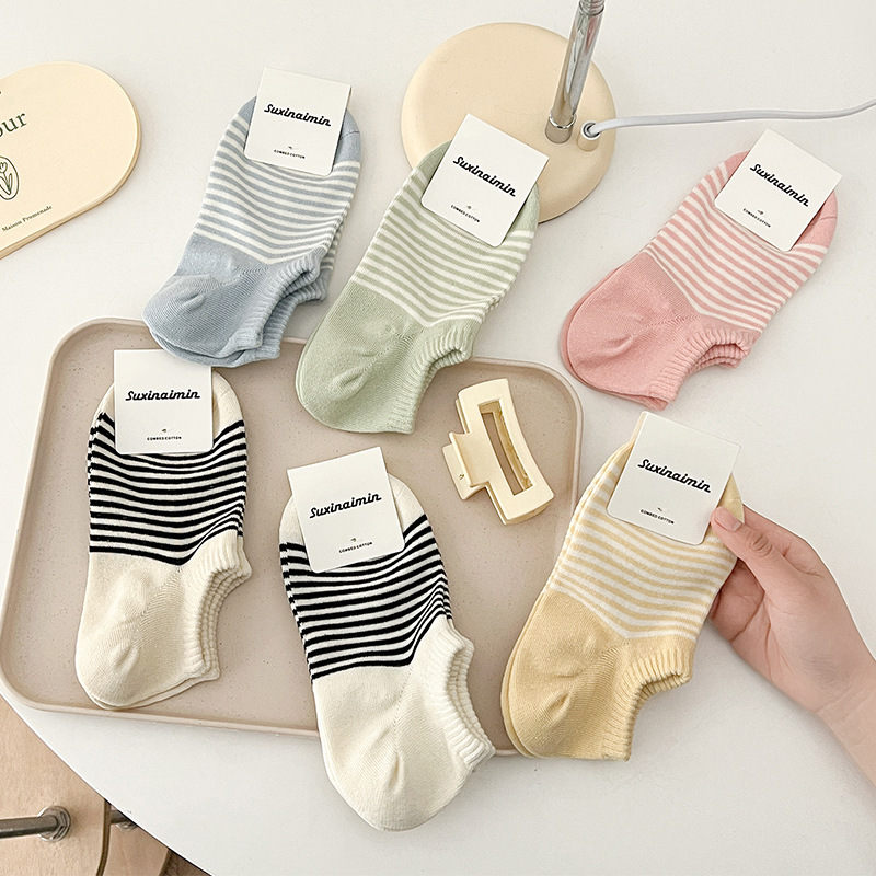 2023 Candy-Colored Spring and Summer Thin Striped Boat Socks Japanese Navy Versatile Shallow Mouth Cotton Socks Women's Trendy Short Style