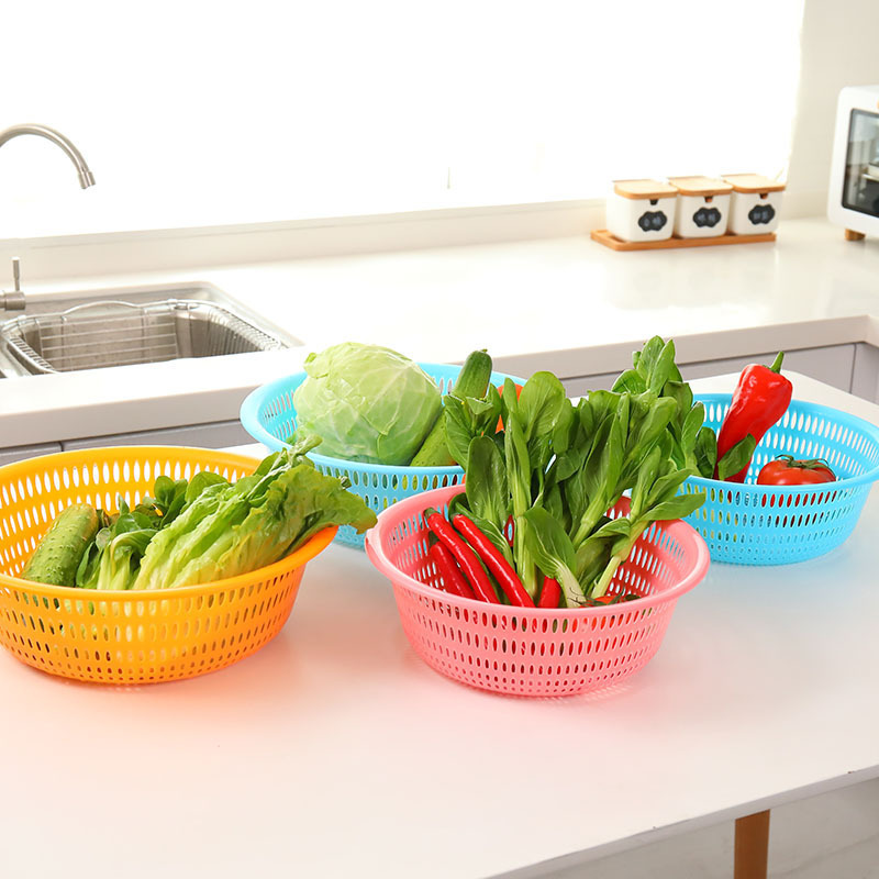 Cestas de almacenamiento de cestas de plástico redondas de frutas y verduras de lavado marco de cestas de almacenamiento comerciales de cestas de drenaje de cocina de escritorio doméstico