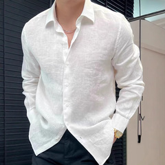 春夏の新作高級日焼け止め服リネン無地長袖シャツメンズゆったり万能白トップスシャツ