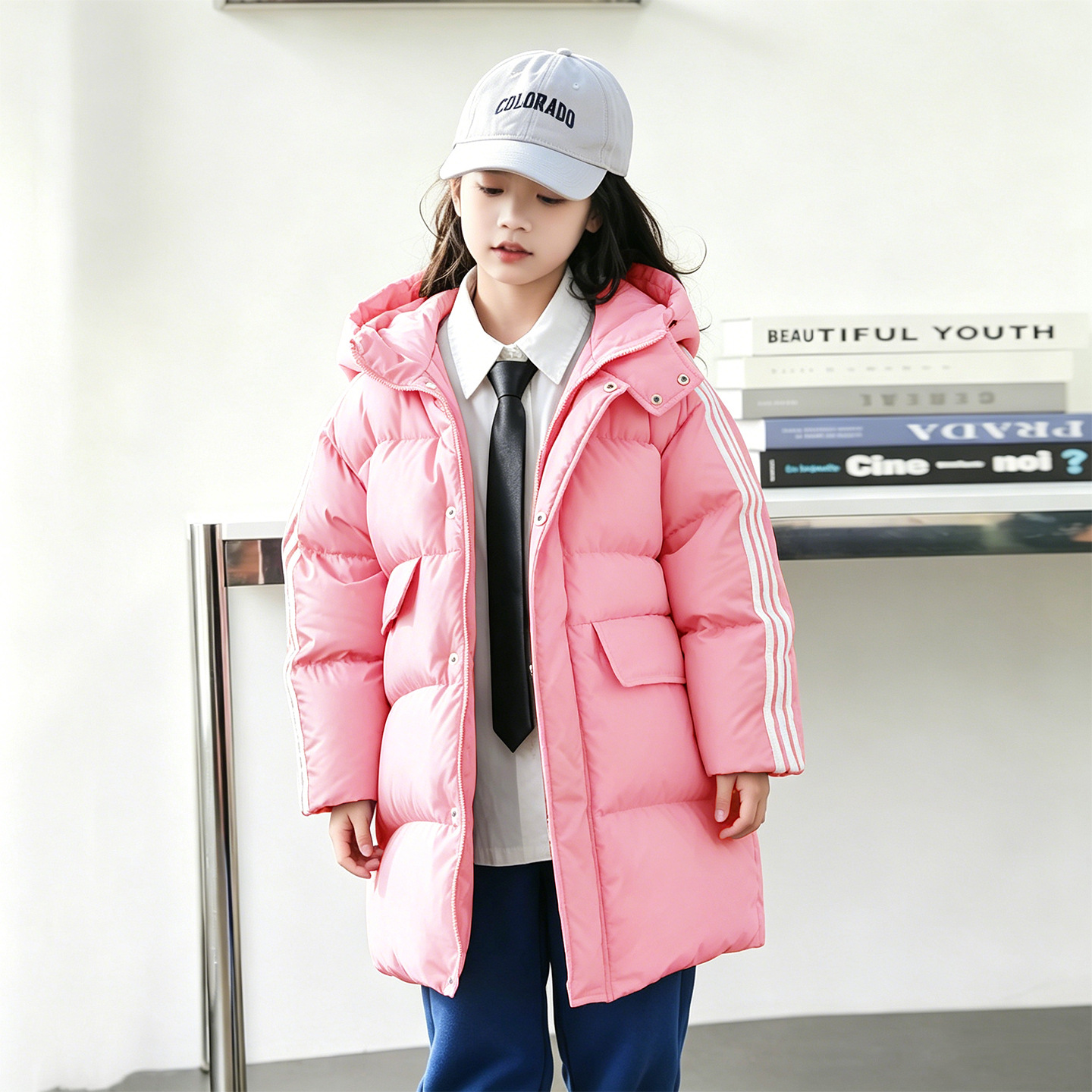 Children's down jacket, mid-length, thickened, parent-child outfit, girls' down jacket, boys' 90% down children's coat 23854