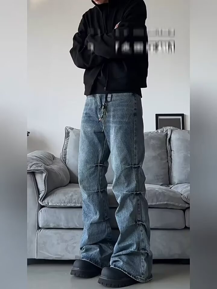 Men's Clothing high street side pleated design flared jeans loose distressed cleanfit wide leg trousers trend_voghion.com