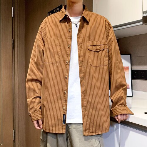 Minimalist Retro Vertical Striped Long-Sleeve Shirt for Men, Spring Versatile Open Shirt, Stylish Casual Student Loose Collar Shirt Outerwear