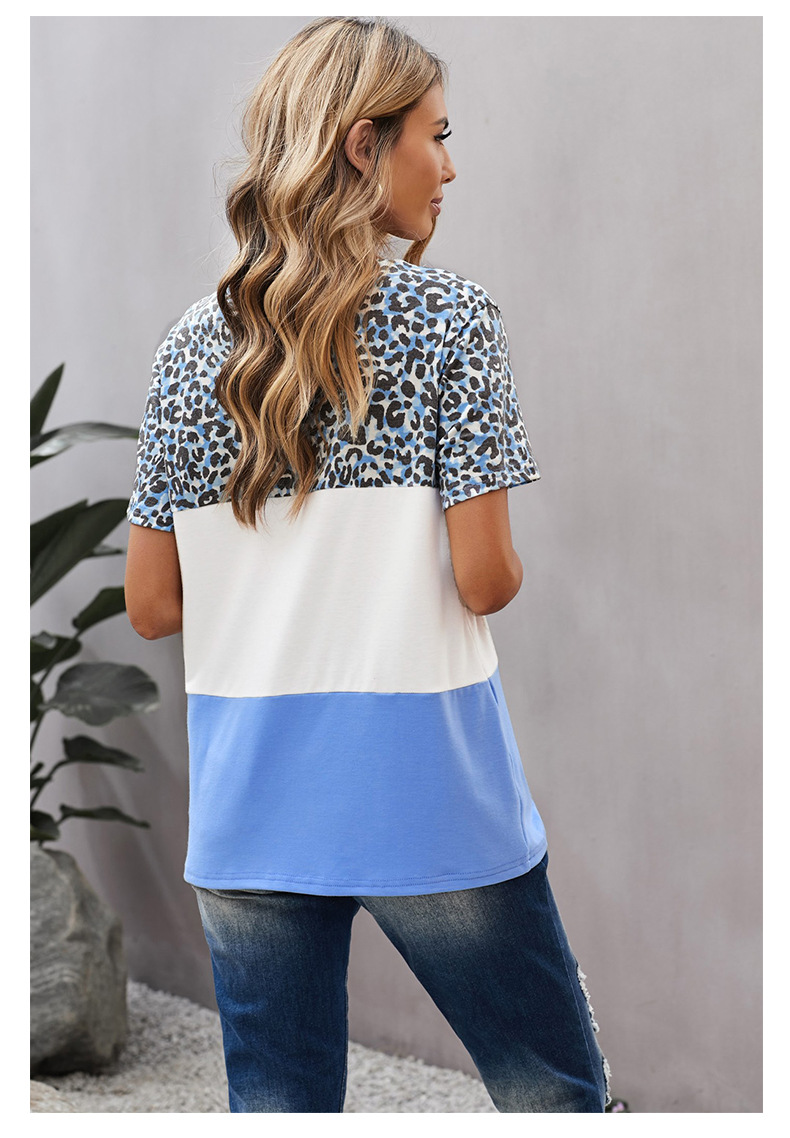 stitching short-sleeved v neck leopard print t-shirt NSSI130480