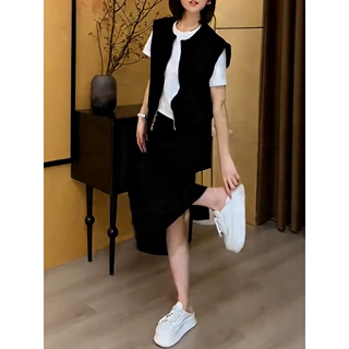 高级感chic别致套装女2026年夏季新款短袖上衣马夹半身裙三件套潮