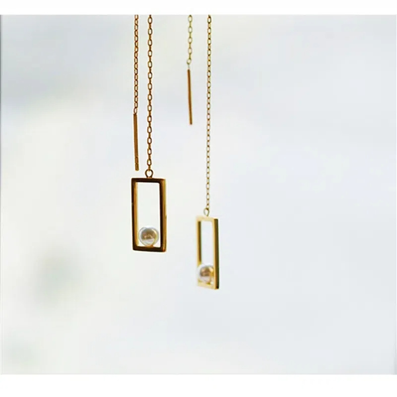 S925 plata esterlina chapada 14k oro rectangular perla orejas de cadena de cruz de mujer larga cara delgada orejas de bordillo coreano image 3