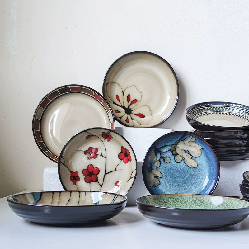 Japanese-style ceramic deep dish, 7–8.5-inch serving bowl, assorted patterns, slight imperfections