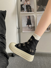 黑色复古感厚底高帮帆布鞋女款2025新款秋季百搭休闲板鞋