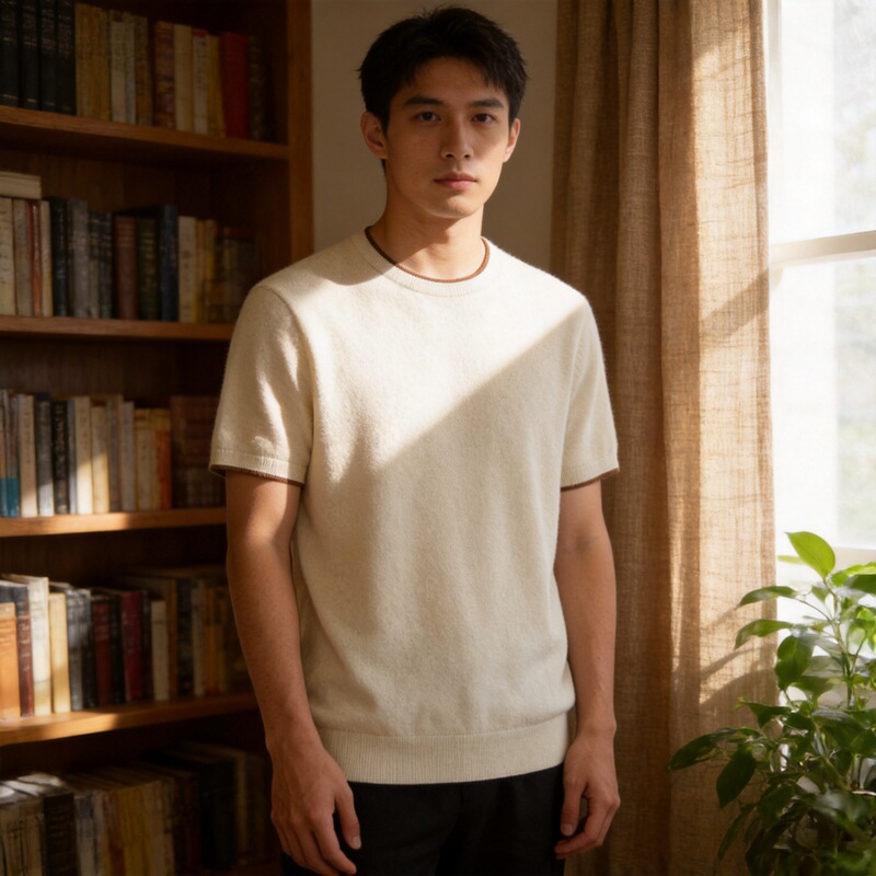 Men's Thin Cashmere Sweater, Summer Round Neck, Color-Blocking Short-Sleeve, Old Money Style, Versatile T-Shirt, High-End Summer Versatile Gentleman's Wear