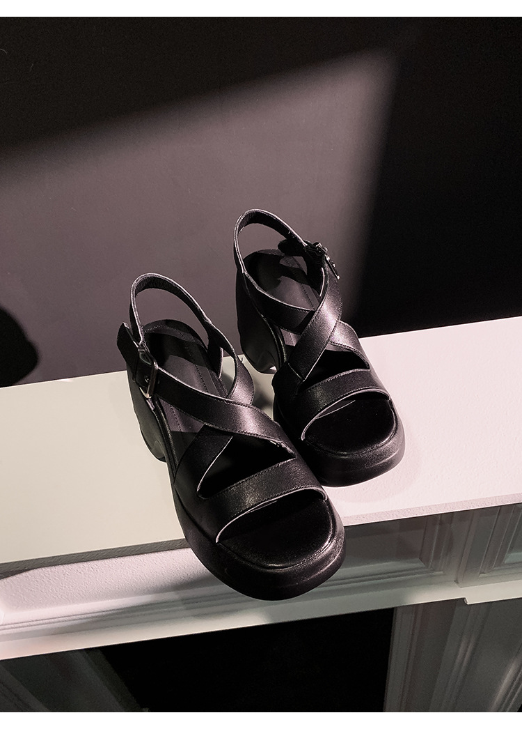 Sandal cao gót nữ hở mũi đế platform tăng chiều cao, da thật, phong cách La Mã — màu đen, màu mơ chi tiết 20