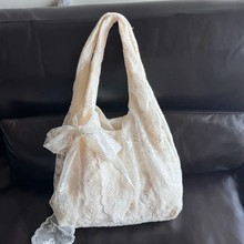韩系小清新蕾丝花朵帆布包女2026新款大容量单肩托特包通勤腋下包