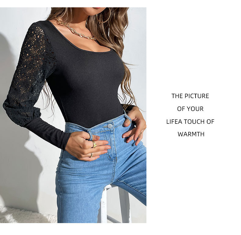 Solid Color Sim Fit Square Collar Lace Hollow Stitching Bodysuit_voghion.com