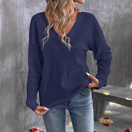 新款亚马逊独立站外贸欧美秋季女装跨境纯色华夫格v领T恤时尚长袖