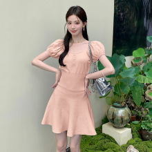 2024夏季 日韩版女装短袖毛衣裙收腰显瘦A字大摆针织连衣裙6844