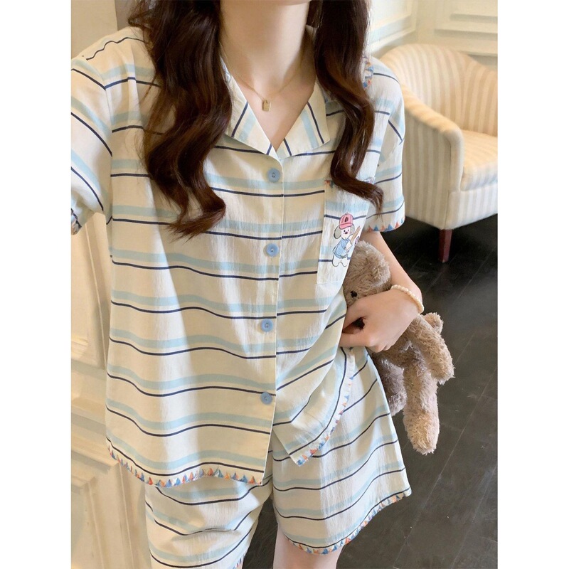 Ins-Style Sweet Striped Baseball Cloud Cotton Pajamas for Women, Summer Short-Sleeve Shorts Loungewear Set