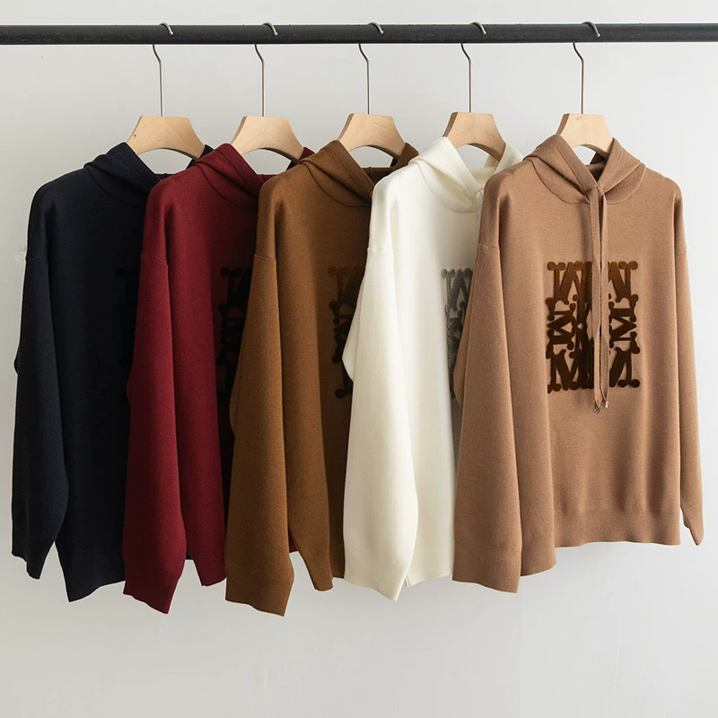 max字母连帽卫衣女士针织衫秋冬100羊毛帽衫休闲毛衣宽松慵懒风