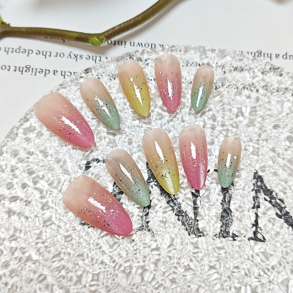 Verano colorido, colorido, arcoíris, arcoíris, ojos de gato de almendras, uñas, 30 parches de uñas terminados