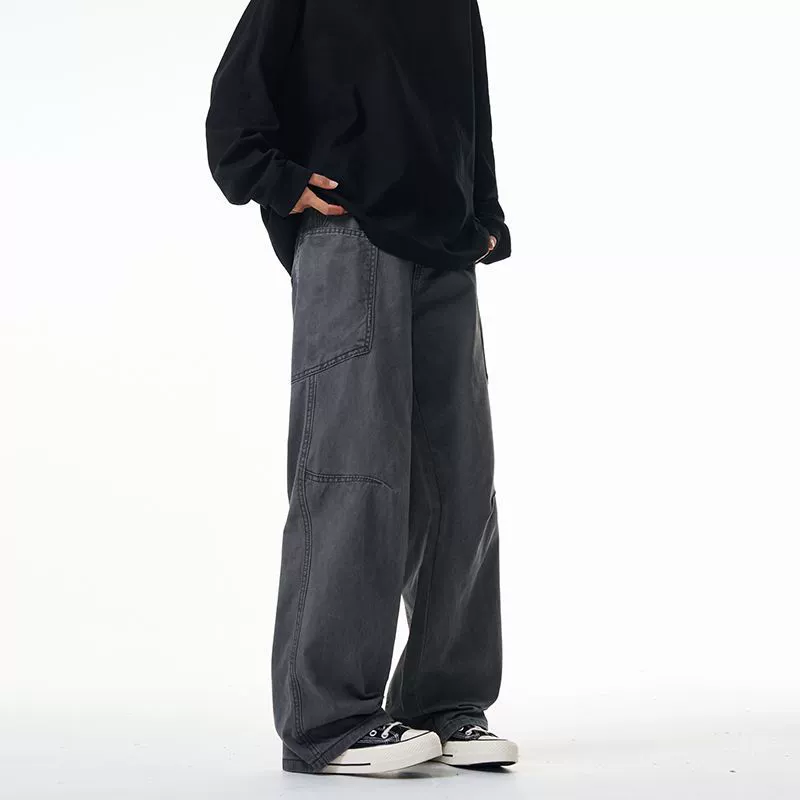 Mingshen Men's Retro Washing High Street Gray Work Pants Maillard Men's Cleanfit Straight Casual Pants