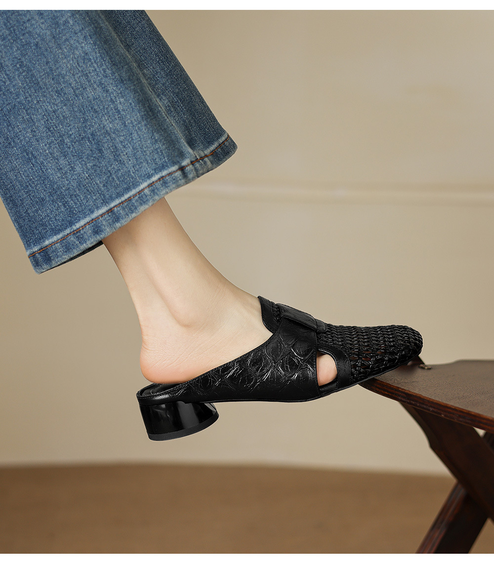 Sandal nữ quai chữ V mũi kín phong cách vintage gót thấp — đen chi tiết 16