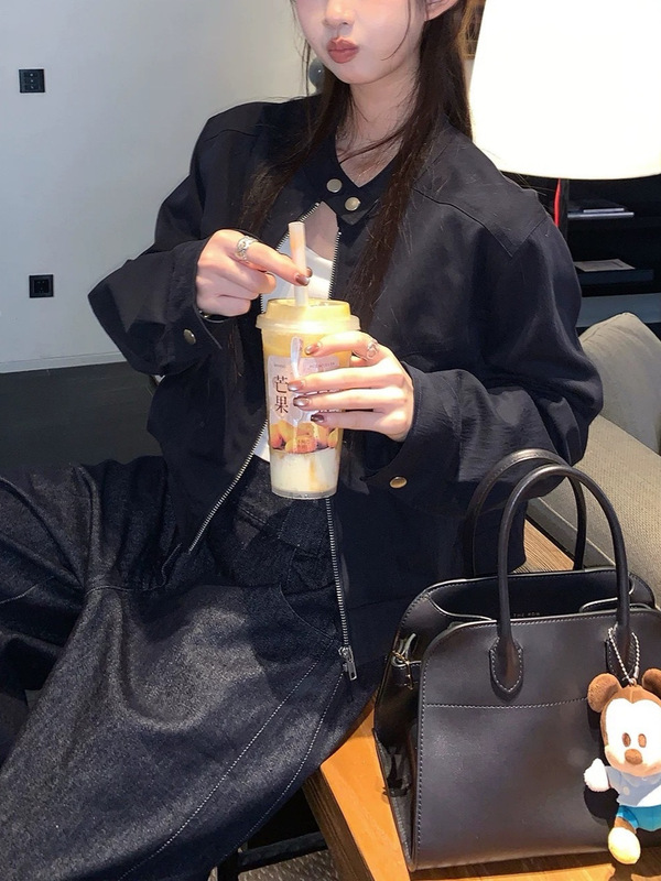 妮式look 立领明线设计感休闲夹克女秋韩系短款外套白色藏青色|undefined