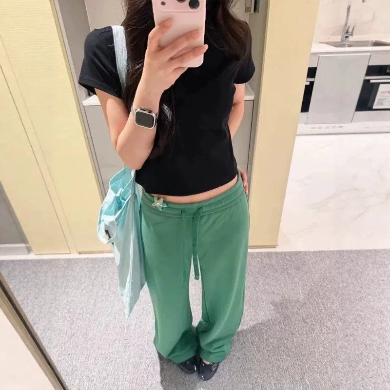 Green elastic waist drawstring wide-leg casual sports pants for women, summer thin dopamine style low-waist slimming straight-leg sweatpants