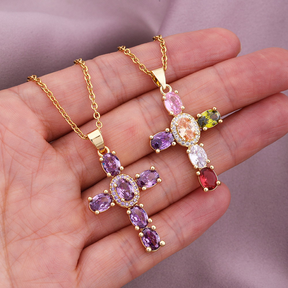 Fashion Style Fashion Cross Copper 18k Gold Plated Zircon Pendant Necklace In Bulk