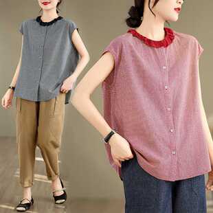 Real Shot of Original Retro Lace Collar Pure Cotton Plaid Shirt for Women New Loose Shoulder Sleeves Temperament Shirt Summer