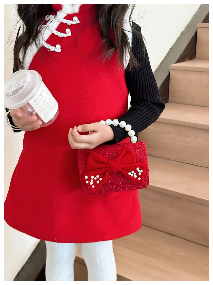 Women's Cotton And Linen Plaid Cherry Bow Knot Cute Beading Pearls Shell Flip Cover Crossbody Bag display picture 2