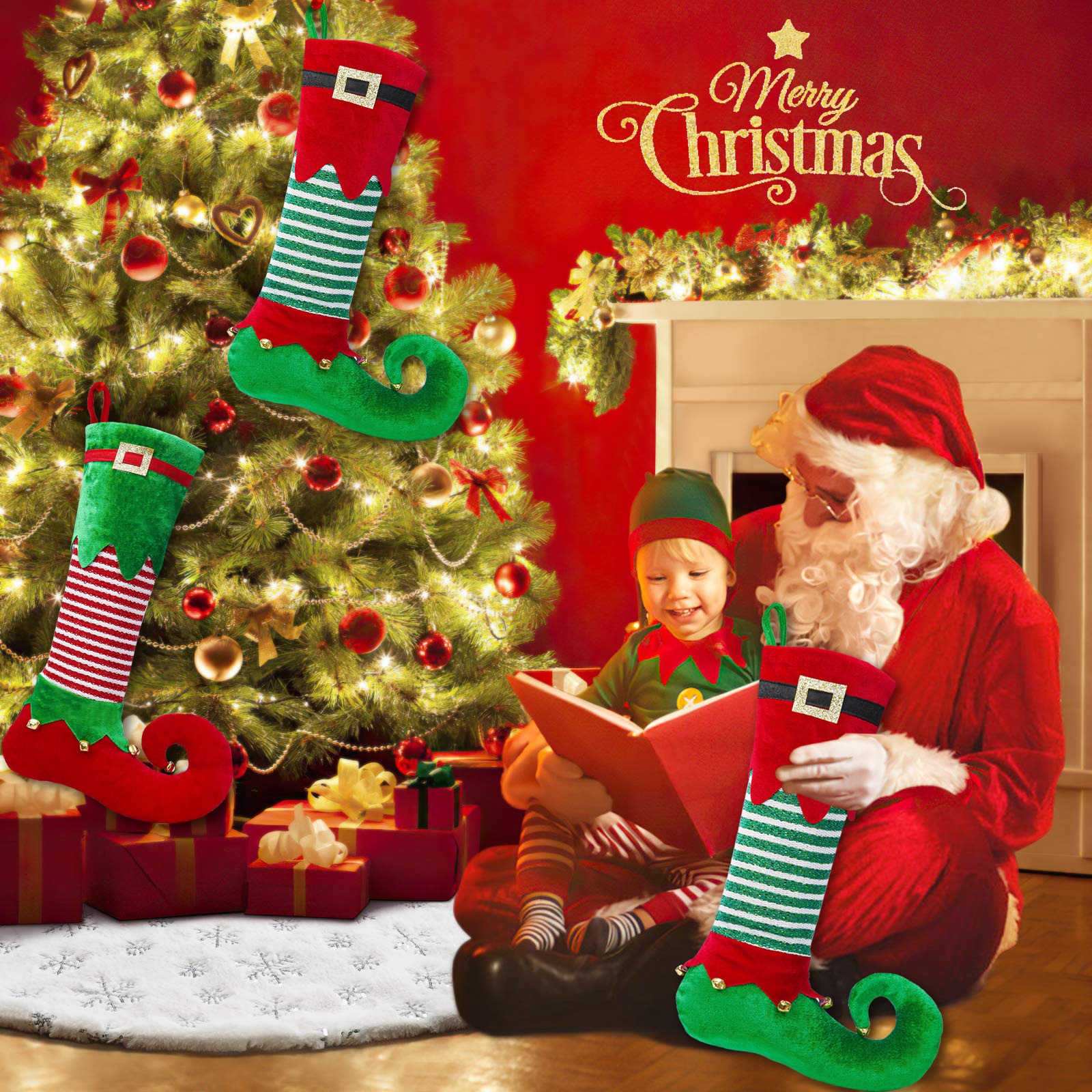 Nuevas decoraciones navideñas transfronterizas calcetines de navidad con campana elfo calcetines con letras regalo colgante de árbol de navidad