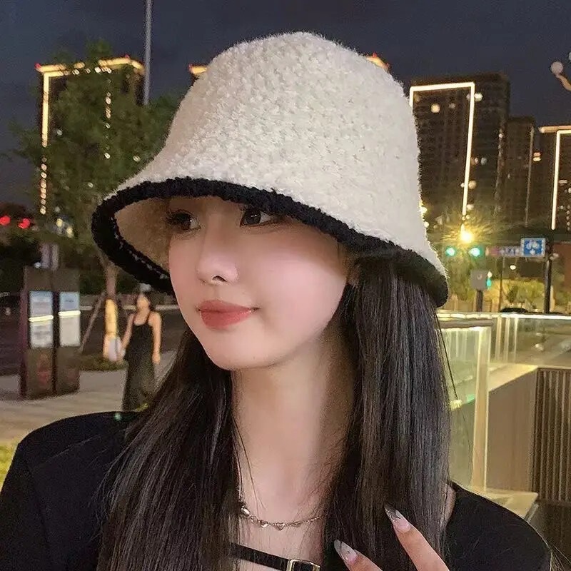 冬季毛绒渔夫帽子女潮网红款小香风显脸小针织水桶帽加绒加厚保暖|undefined