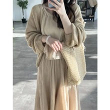 禅意风女装春季2025新款长袖毛衣开衫棉麻挂脖吊带背心高腰半身裙