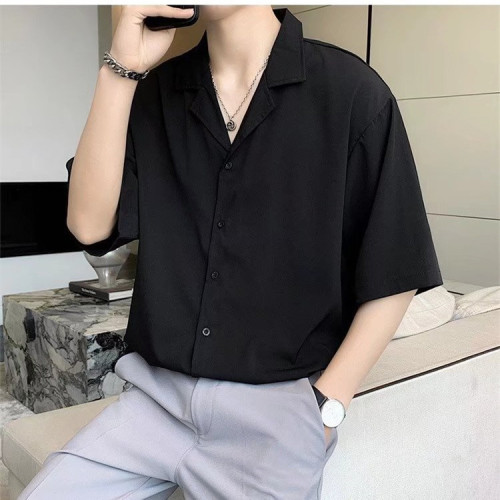 Japanese-style black Cuban collar men's summer thin short-sleeved drape shirt, youth cool style ice silk short-sleeved top