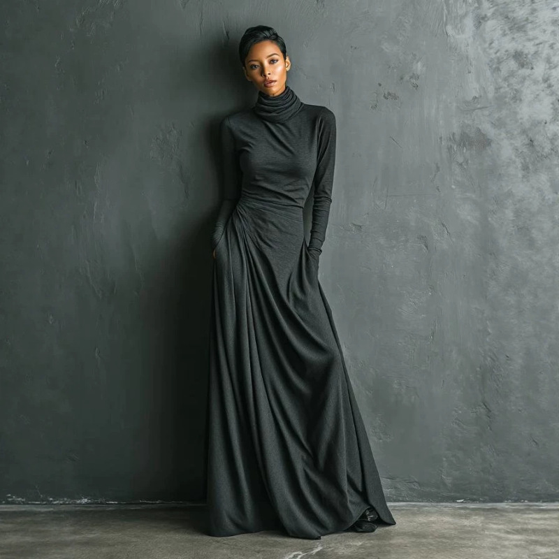 Amazon 2026 Autumn/Winter New Collection: Long-Sleeved, Flowy, Solid-Color, Relaxed-Style Dress with a Ruffled Collar for Women