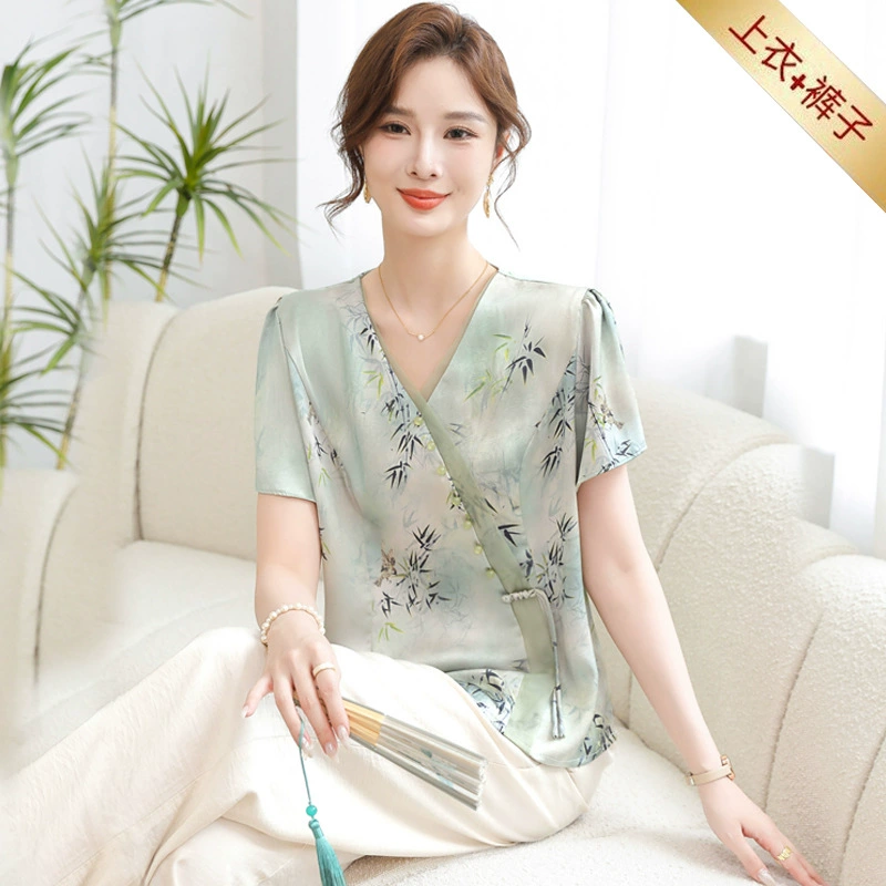50-летняя темпераментная мама летняя одежда с короткими рукавами 2024 летняя новая женская одежда среднего возраста китайский стиль футболка