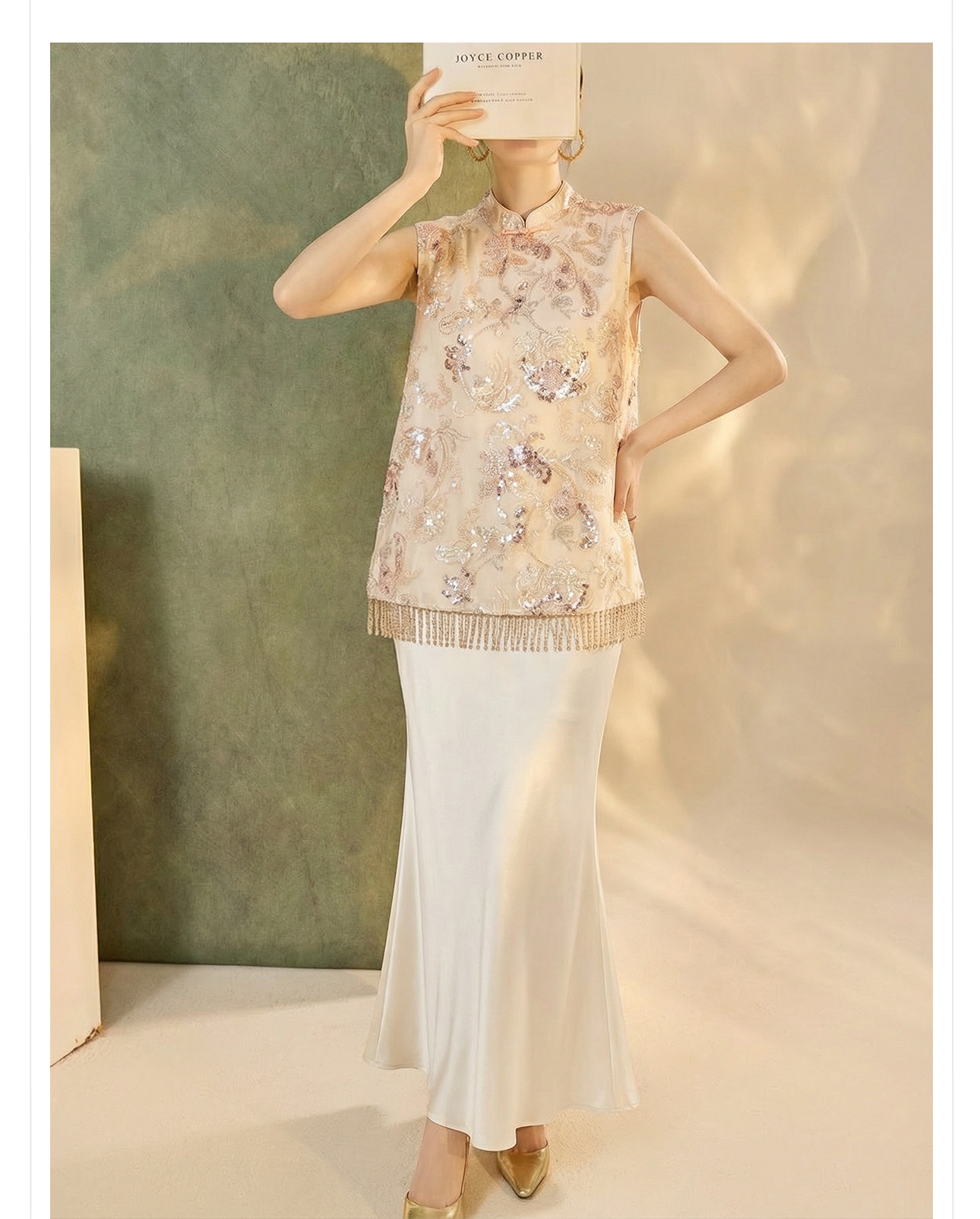 Áo gile nữ thêu sequin tua rua phong cách tân cổ điển xuân hè — xanh lam, màu mơ chi tiết 8