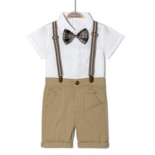 跨境男童两件套现货批发男宝宝绅士全棉衬衫吊带短裤儿童礼服套装
