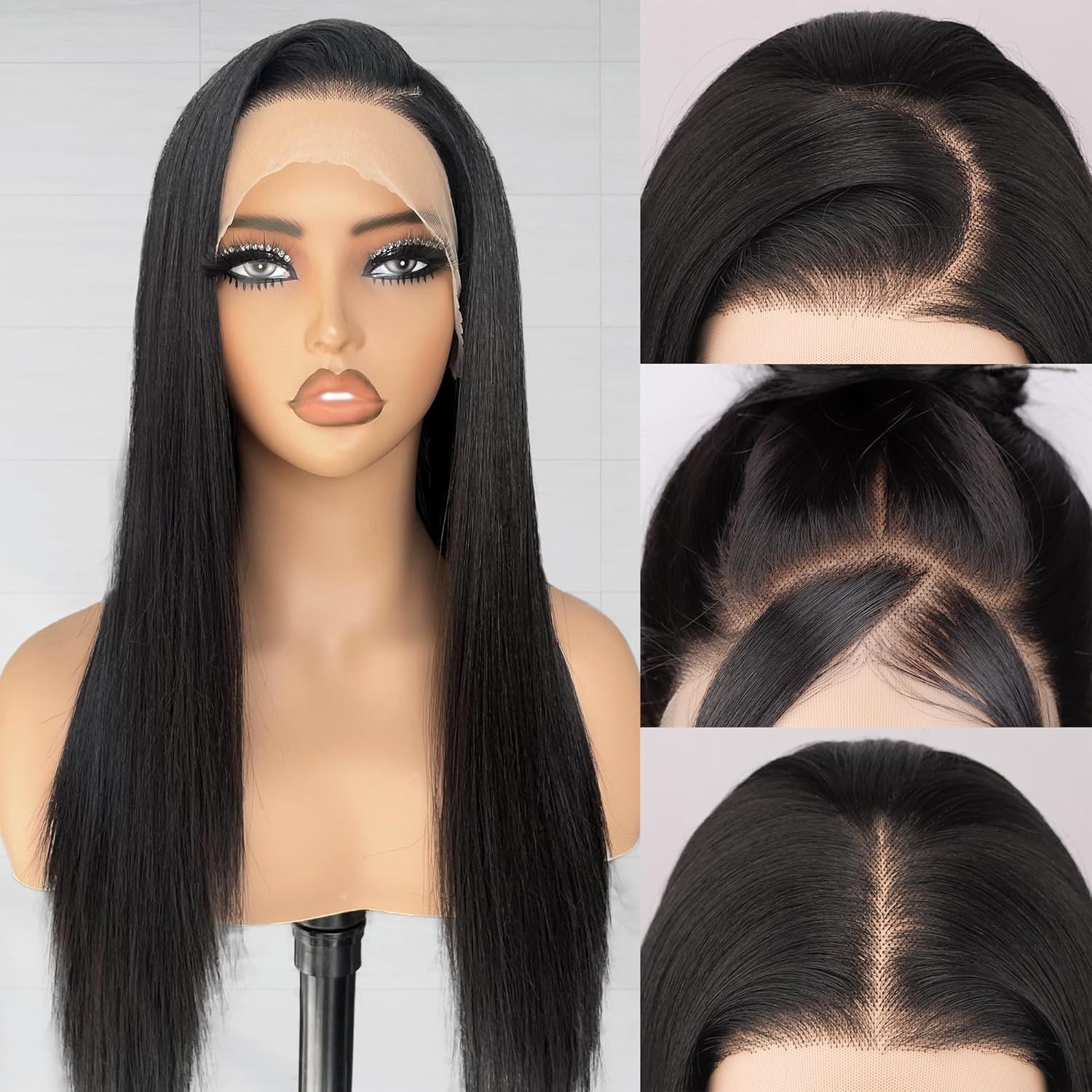 Amazon Hot 13x4 encaje fibra química pelucas de cabello negro largo recto cabello largo recto cubierta de seda de alta temperatura
