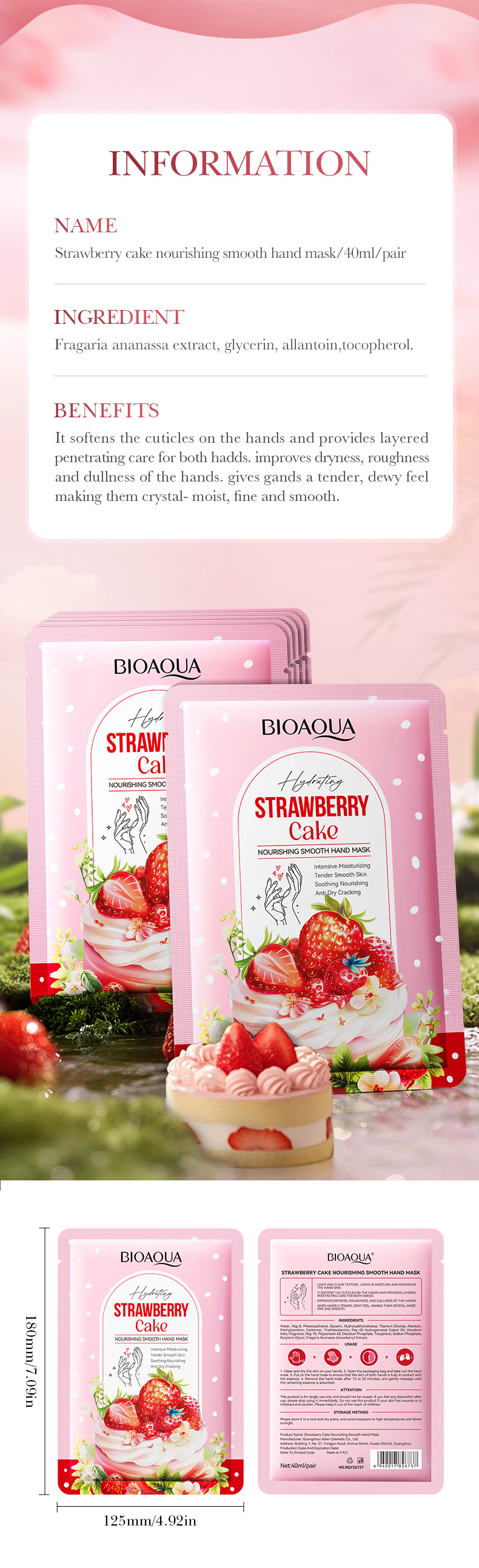 BIOAOUA Strawberry Cake Maschera mani nutriente e liscia 40 ml/paio Maschera mani autunno e inverno_voghion.com